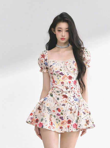 Floral Print Puff Mini Dress