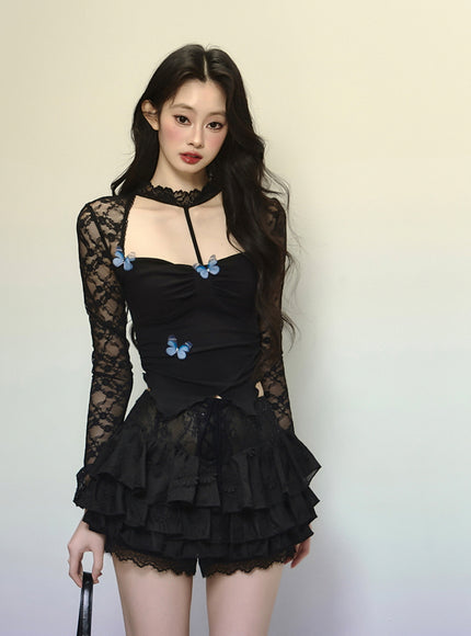 Black Lace-Up Tiered Lace Skirt