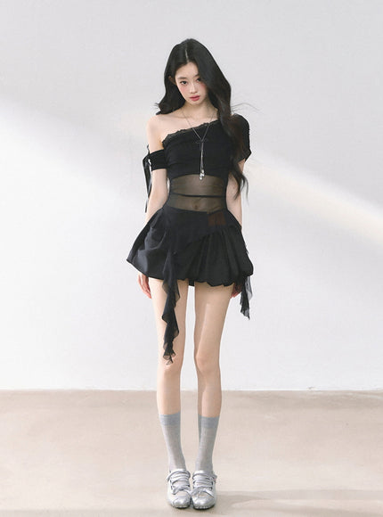 Black Sheer Layered Off-Shoulde Top
