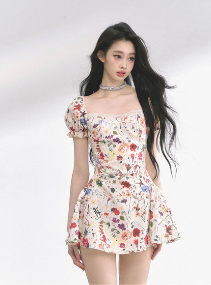 Floral Print Puff Mini Dress