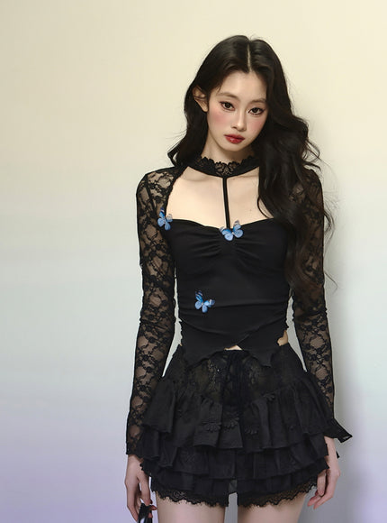 Black Lace-Up Tiered Lace Skirt