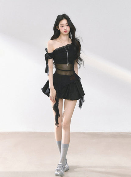 Black Sheer Layered Off-Shoulde Top