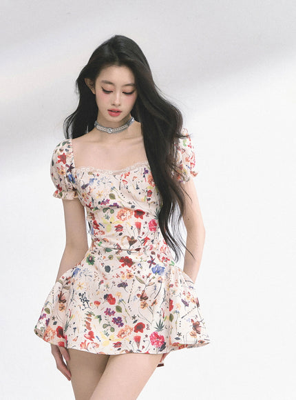 Floral Print Puff Mini Dress