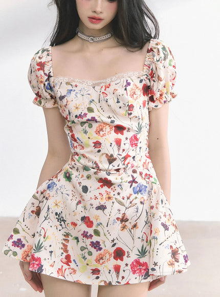 Floral Print Puff Mini Dress