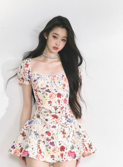 Floral Print Puff Mini Dress