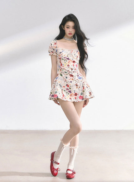 Floral Print Puff Mini Dress
