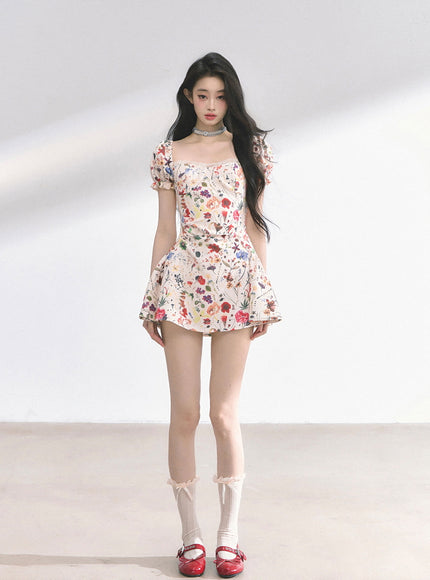 Floral Print Puff Mini Dress