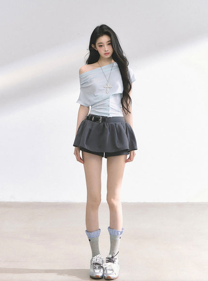 Western Buckle Mini Skirt -Gray