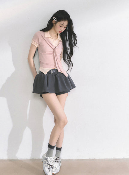Western Buckle Mini Skirt -Gray