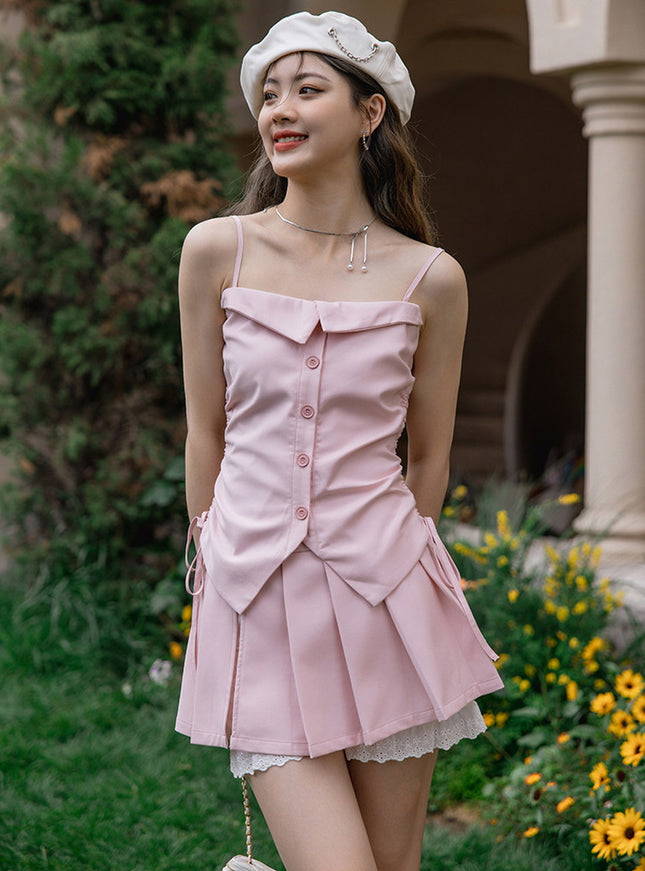 Blush Button-Up Camisole and Pleated Skirt Set