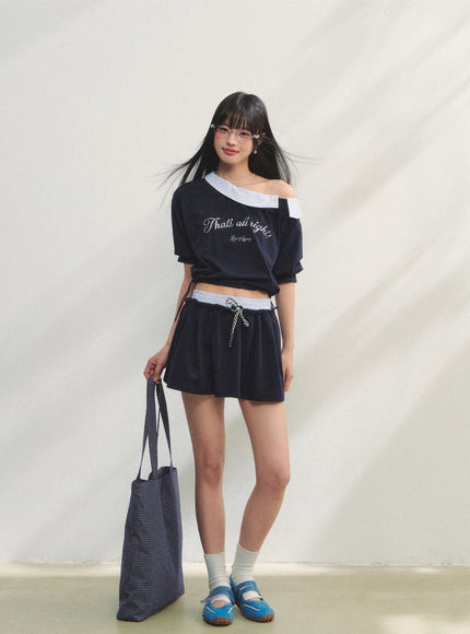 Striped Embroidered Top & Skirts Two-Piece Set - Navy