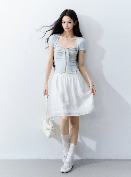 Ribbon Ruched Top & Flowy Mini Skirt Set
