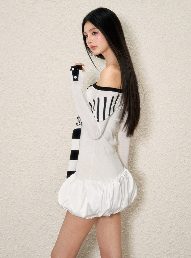 Stripe Bow Bubble Mini Dress - White