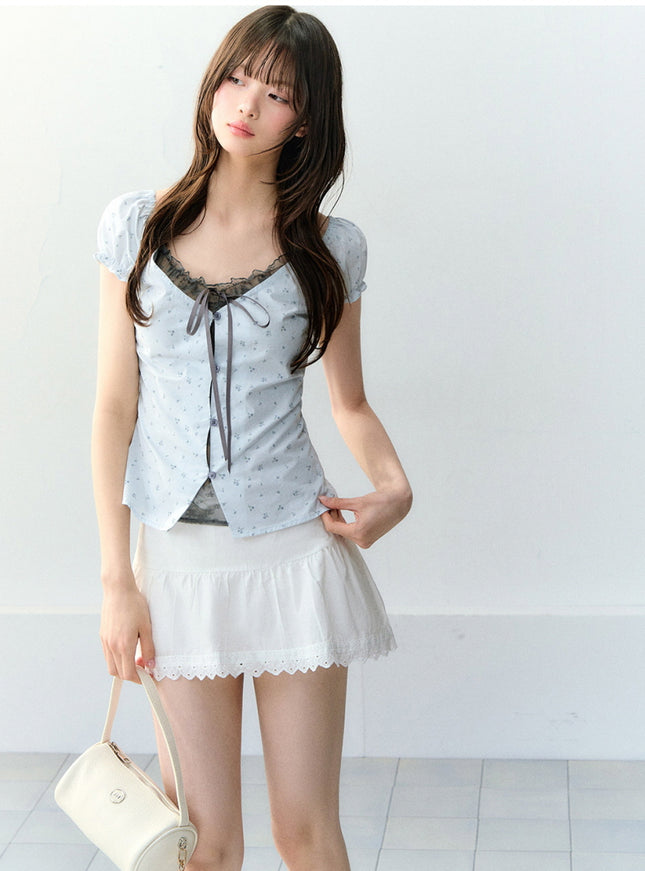 Eyelet Puff Sleeve Ribbon Top - Baby Blue