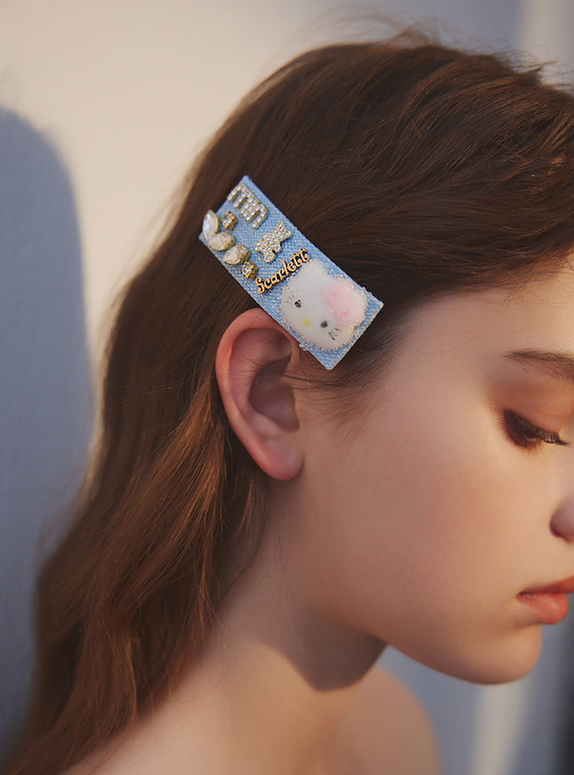 Beaded Kitty Denim Hair Clip