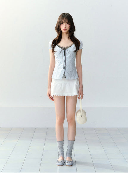 Eyelet Puff Sleeve Ribbon Top - Baby Blue