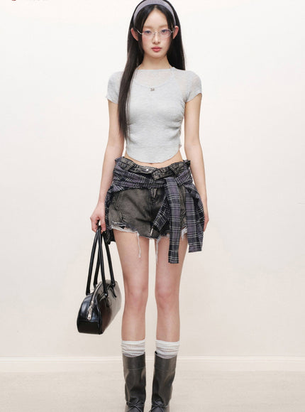 Layered Halter Neck Ribbed Top - Light Grey