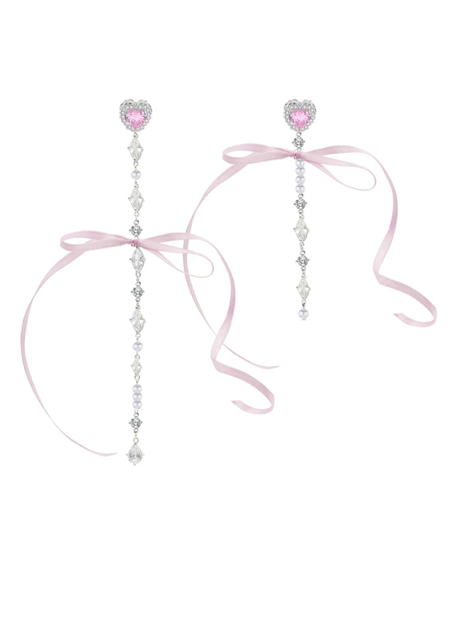 Crystal Heart Bow Pearl Drop Earrings