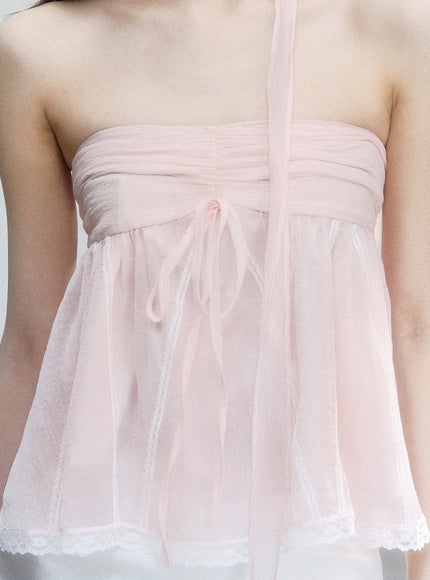 Sheer Ribbon Tie Strapless Blouse