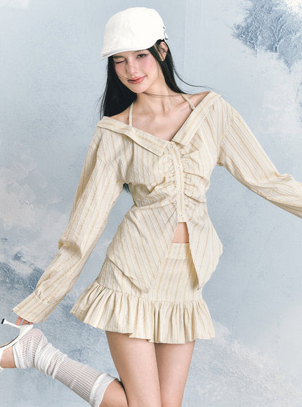 Striped Blouse & Ruffle Mini Skirt Set