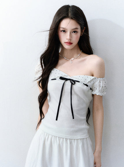 Ribbon Trim Puff Sleeve Top