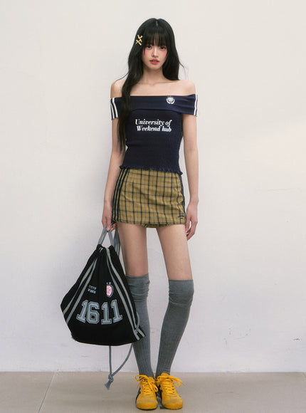 Emblem Off-Shoulder Smocked Top - Navy