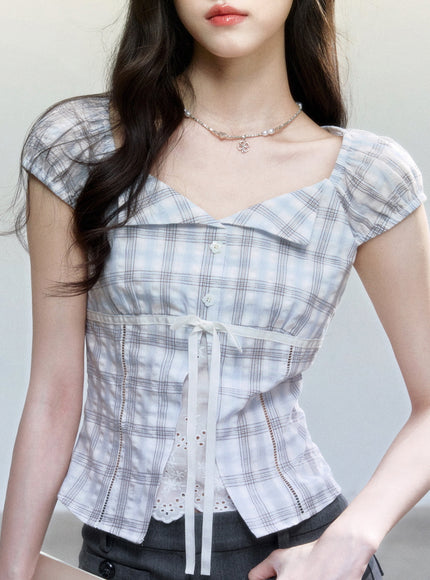 Plaid Puff Sleeve Corset Top