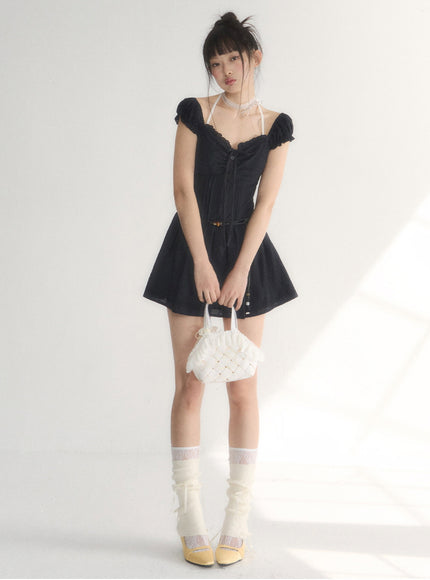 Off-Shoulder Ruched Cotton Mini Dress
