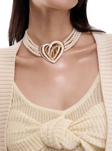 Golden Double Heart Pearl Choker Necklace