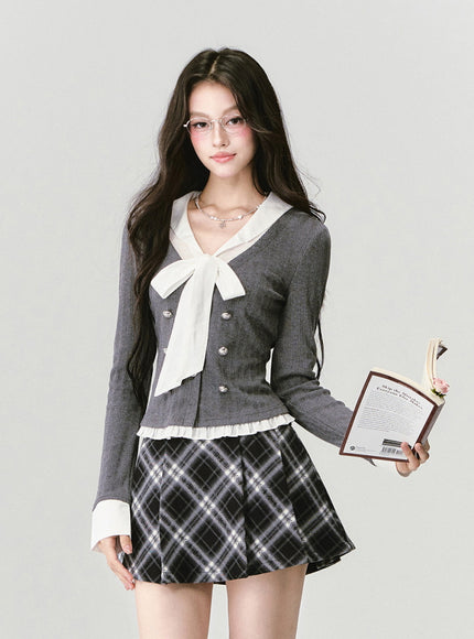 Bow Tie Top & Plaid Mini Skirt Set