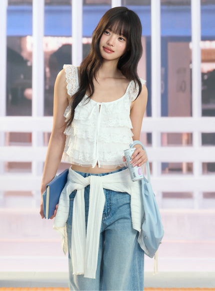 Lace Trim Tiered Chiffon Top