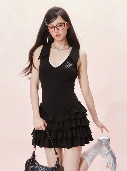 Tennis Frill Mini Dress - Black