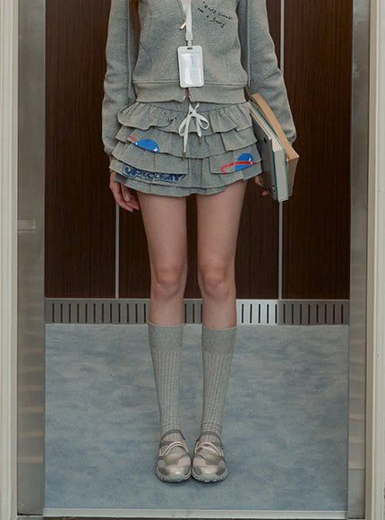 Layered Graphic Ruffle Mini Skirt - Grey