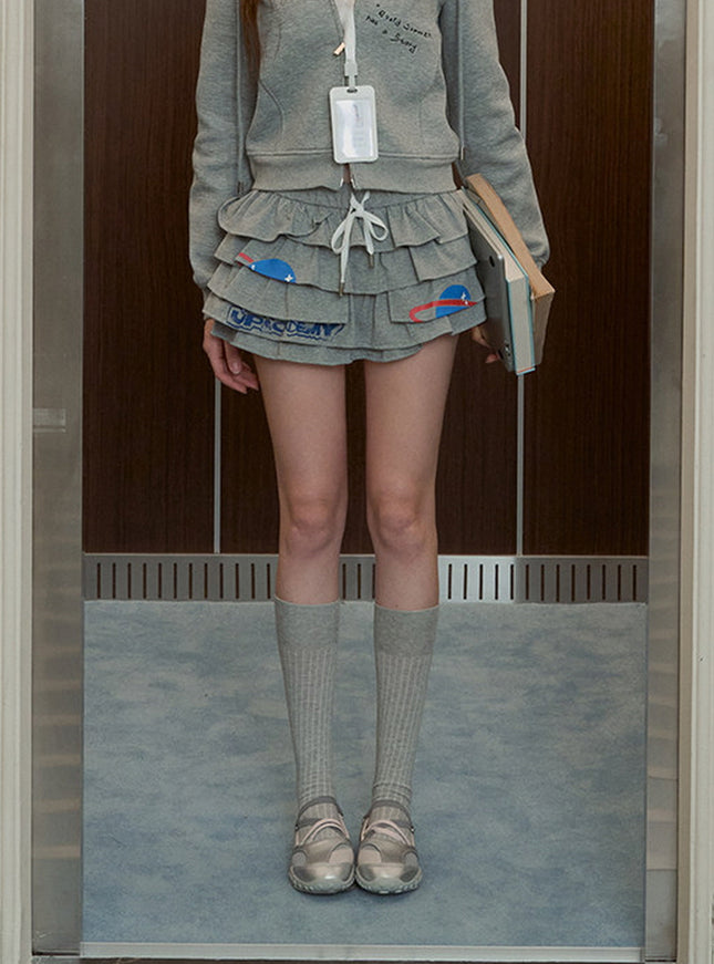 Layered Graphic Ruffle Mini Skirt - Grey