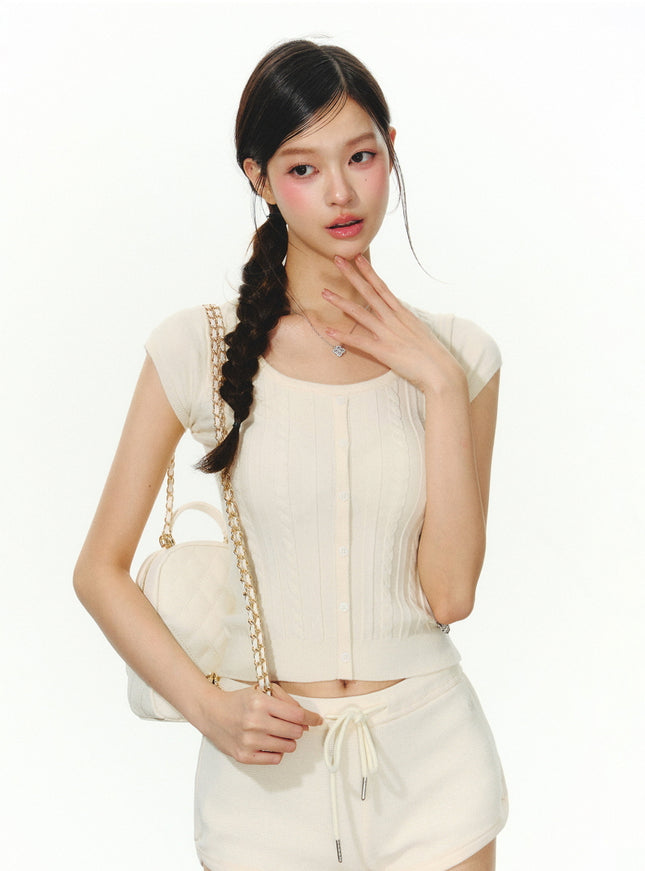 Slim Fit Button Knit Cap Sleeve Top