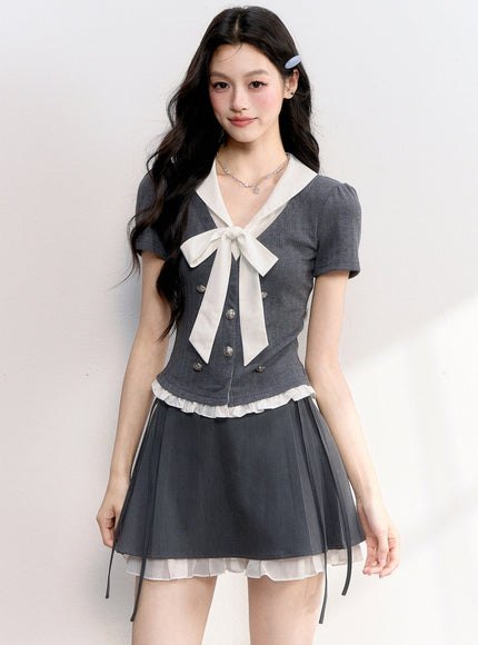 Bow Tie Knit Top & Pleated Mini Skirt Set