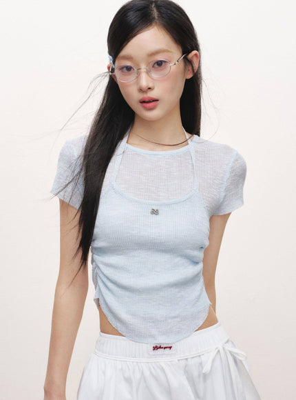 Layered Halter Neck Ribbed Top - Blue