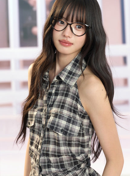 Plaid Halter Tie-Front Top