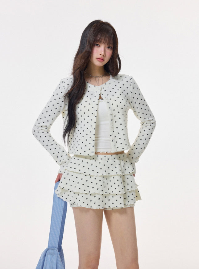 Polka Dot Layered Cardigan Skirt Set
