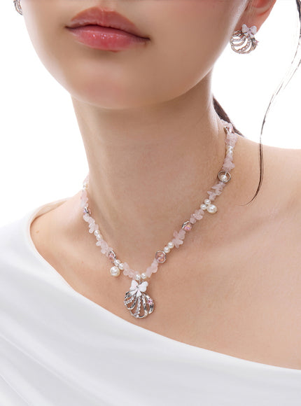 Crystal Bow & Pearl Pink Stone Necklace