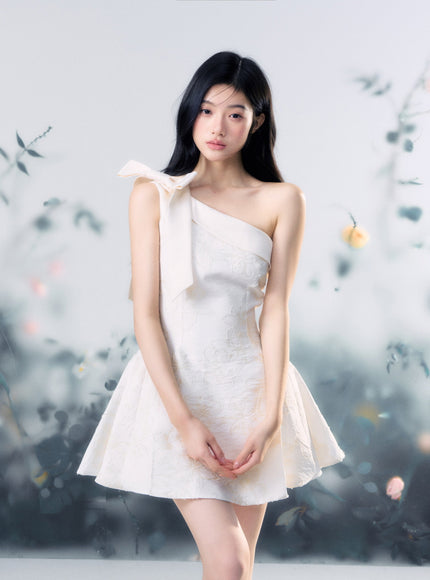 Floral Jacquard One-Shoulder Mini Dress