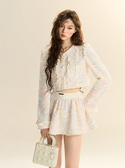 Pastel Tweed Ruffle Two-Piece Set