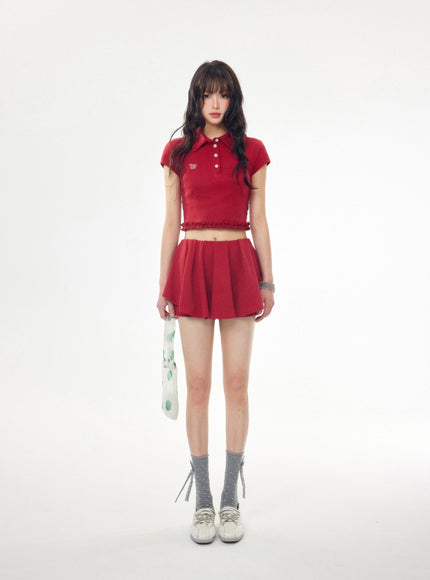Preppy Cropped Polo and Pleated Skirt Set - Red