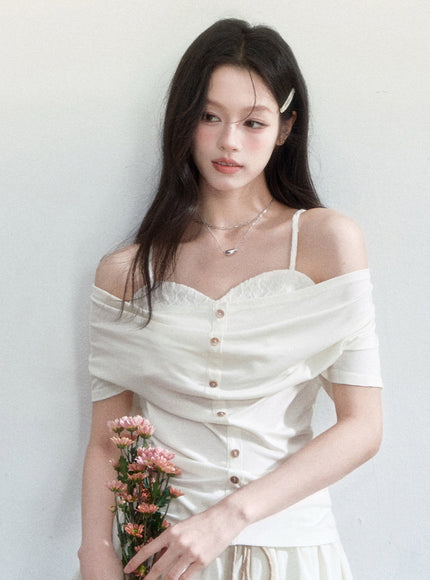 Soft Buttoned Off-Shoulder Top