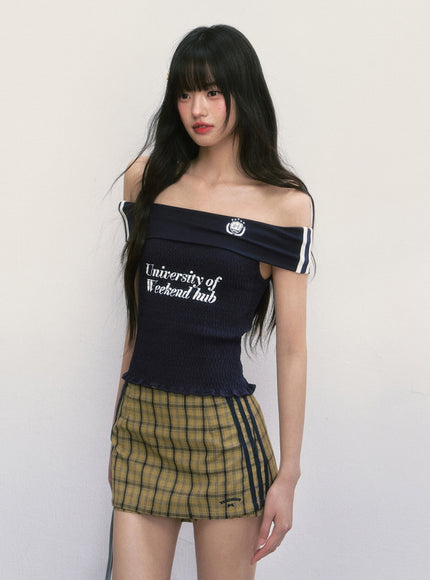 Emblem Off-Shoulder Smocked Top - Navy