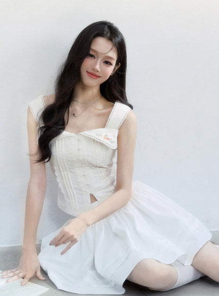 Embroidered Collar Button-Up Corset Top
