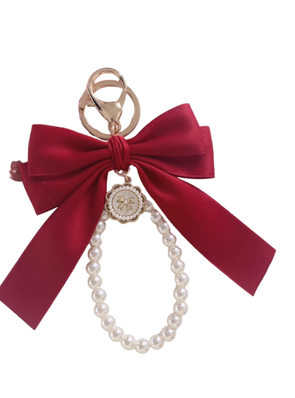 Wine Red Bow & Pearl Bag Charm