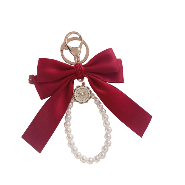 Wine Red Bow & Pearl Bag Charm