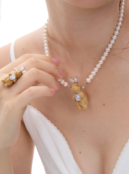 Crystal Bunny Pearl Necklace