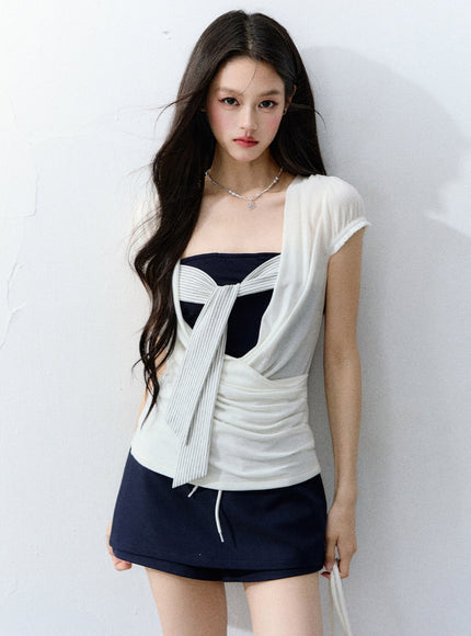Draped Ribbon Contrast Top